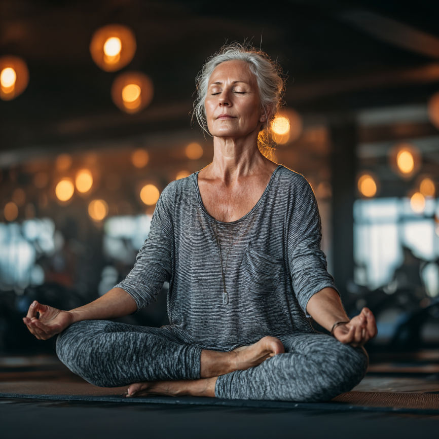 Seniori practicând yoga într-un mediu liniștit